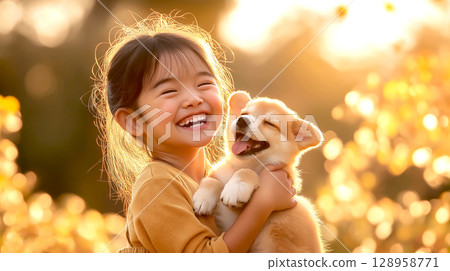 The smiling Japanese girl hugs her cute puppy Shiba dog bokeh background, happy dogs 128958771