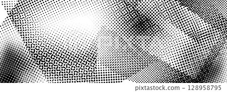 Rough grunge scratch halftone texture. Distress dirty paint background. Scuffed ragged vector backdrop. Damaged glitched pixel overlay. Dotted wallpaper for banner, poster, magazine, brochure, flyer 128958795