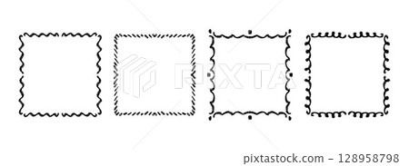 Hand drawn wavy square frame set. Black curly ribbon border collection. Vector doodled lace cadre frames. Curved squiggly border pack for invitation, wedding party, birthday, greeting design 128958798