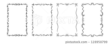 Hand drawn wavy frame set. Romantic curly ribbon border collection. Vector cute doodled cadre frames. Curved squiggly rectangle border pack for invitation, wedding party, birthday, greeting design 128958799