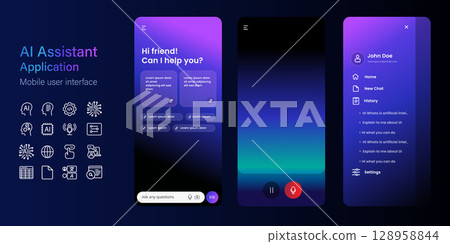 AI assistant chat bot user interface set mobile app application dark theme user interface of artificial intelligence large language model menu and history 128958844
