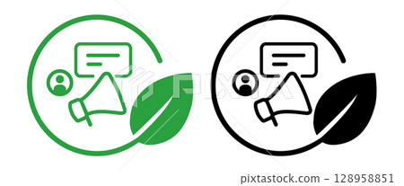 icon megaphone and person with message bubble within circular frame paired with green leaf symbolizing eco-marketing green communication promotion sustainable product green issue campaign 128958851
