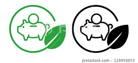 icon symbolizing environmental savings cost efficiency financial benefits sustainable practices piggy bank with a coin on top within a circular frame paired with green leaf icon symbolizing environmental savings cost efficiency financial benefits sustainable practices piggy bank with a coin on top within a circular frame paired with green leaf 128958853