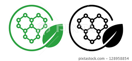 Icon sustainable chemistry green science eco-friendly materials or compounds featuring a hexagonal molecular structure within a circular frame paired with a green leaf Icon sustainable chemistry green science eco-friendly materials or compounds featuring a hexagonal molecular structure within a circular frame paired with a green leaf 128958854