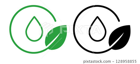 Icon water drop within a circular frame with a green leaf, symbolizing water conservation clean water and the importance of hydration for environmental health liquid oil drop Icon water drop within a circular frame with a green leaf, symbolizing water conservation clean water and the importance of hydration for environmental health liquid oil drop 128958855