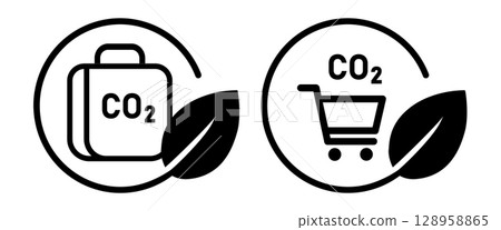Icon carbon trading emission reduction and eco-friendly one with a briefcase and CO2 with shopping cart paired with leaf Icon carbon trading emission reduction and eco-friendly one with a briefcase and CO2 with shopping cart paired with leaf 128958865