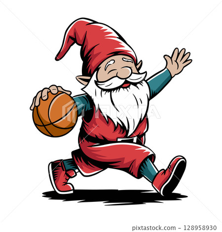 Cartoon Gnome in Red Outfit Playing Basketball 128958930