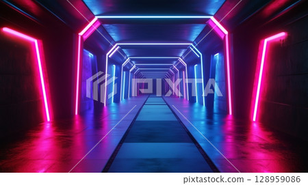 Neon technology space corridor modern digital reflection light line perspective glow 128959086