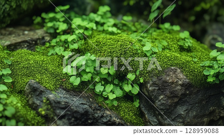 Deep green forest with rocks covered by moss, leaves, grass freshness nature environment 128959088