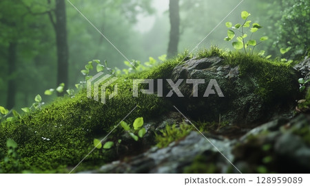 Deep green forest with rocks covered by moss, leaves, grass freshness nature environment 128959089