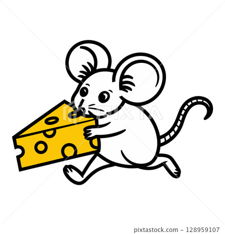 Cartoon Mouse Running with Big Yellow Cheese 128959107