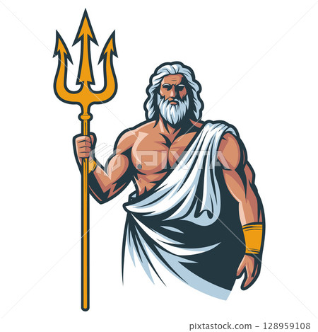 Poseidon with White Beard Holding Golden Trident 128959108