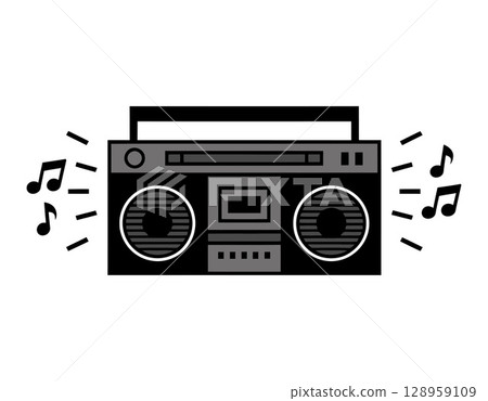 Black and White Retro Boombox with Musical Notes 128959109