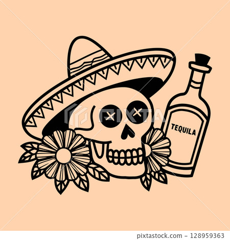Stylized Skull in Sombrero with Tequila Bottle and Flowers 128959363