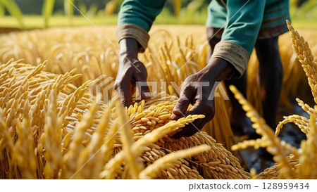 Farmer harvesting rice 128959434
