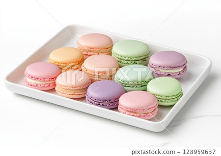 Pastel macarons in shades of lavender, pink, and mint green are beautifully arranged on a white plate, showcasing their delightful colors and appealing textures for a festive occasion. 128959637