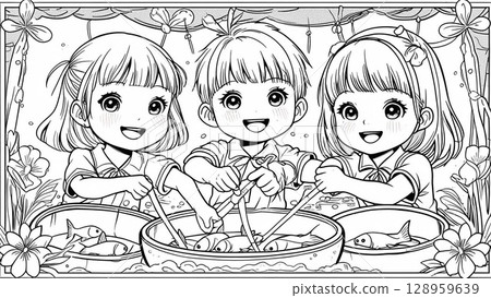 Children scooping goldfish 128959639