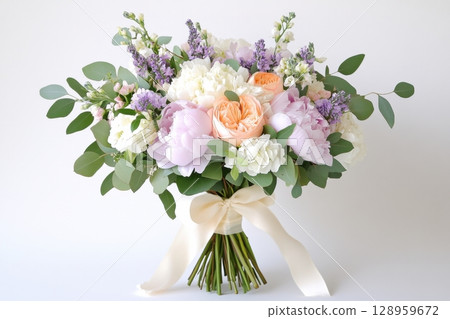 This pastel bouquet showcases mint green eucalyptus leaves, soft pink peonies, and lavender roses elegantly tied with a cream ribbon, perfect for any floral arrangement. 128959672