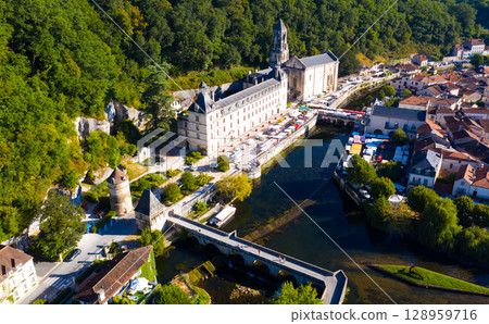 Aerial view of summer Brantome en Perigord on Dronne River, France 128959716