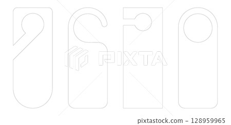 Door hanger mockup template set with die cut tag shapes and hotel room signs. Vector label design for do not disturb flyer on handle or knob. Cardboard hang icon isolated on white background Door hanger mockup template set with die cut tag shapes and hotel room signs. Vector label design for do not disturb flyer on handle or knob. Cardboard hang icon isolated on white background 128959965