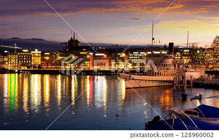 Geneva cityscape with St Pierre Cathedral at night 128960002