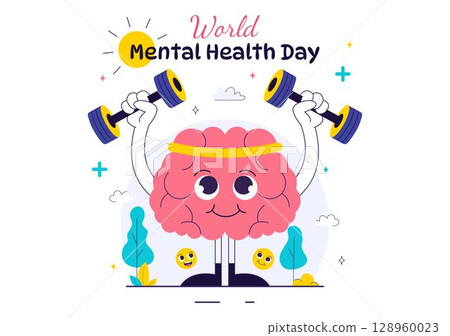 Mental Health Vector Illustration Featuring a Brain and Flowers, Symbolizing Enjoying Life, Solving Mental Problems, and Thinking Positively Mental Health Vector Illustration Featuring a Brain and Flowers, Symbolizing Enjoying Life, Solving Mental Problems, and Thinking Positively 128960023
