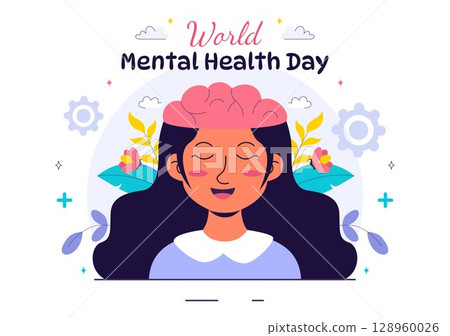 Mental Health Vector Illustration Featuring a Brain and Flowers, Symbolizing Enjoying Life, Solving Mental Problems, and Thinking Positively 128960026