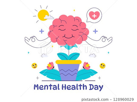 Mental Health Vector Illustration Featuring a Brain and Flowers, Symbolizing Enjoying Life, Solving Mental Problems, and Thinking Positively Mental Health Vector Illustration Featuring a Brain and Flowers, Symbolizing Enjoying Life, Solving Mental Problems, and Thinking Positively 128960029