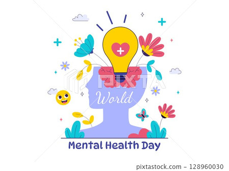 Mental Health Vector Illustration Featuring a Brain and Flowers, Symbolizing Enjoying Life, Solving Mental Problems, and Thinking Positively Mental Health Vector Illustration Featuring a Brain and Flowers, Symbolizing Enjoying Life, Solving Mental Problems, and Thinking Positively 128960030