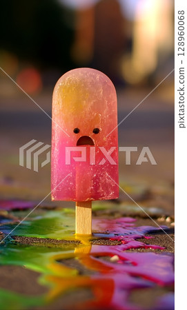 Sad Melty Popsicle on a Hot Summer Day With Rainbow Colors. 128960068