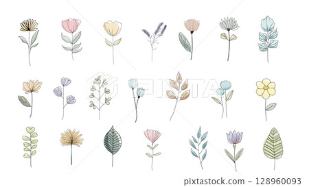 手繪花朵和葉子的彩色植物插圖集 手繪花朵和葉子的彩色植物插圖集 128960093