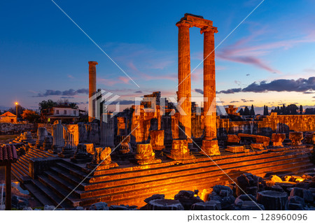 Remains of temple of Apollo in Turkish town Didim at twilight Remains of temple of Apollo in Turkish town Didim at twilight 128960096