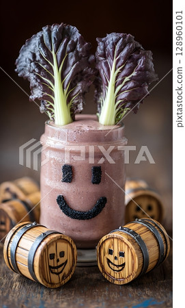 Smoothie Jar with Happy Face and Mini Barrels, A Fun Treat. Smoothie Jar with Happy Face and Mini Barrels, A Fun Treat. 128960101