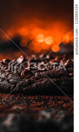 Decadent Chocolate Cookie with Melted Chocolate Chips and Warm Orange Glow. 128960104