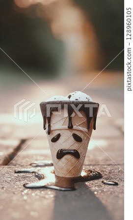 Sad Melting Ice Cream Cone with Chocolate Tears on Cobblestones. Sad Melting Ice Cream Cone with Chocolate Tears on Cobblestones. 128960105