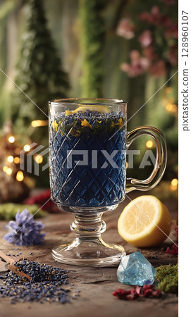 Enchanting Blue Drink with Lemon and Lavender on a Rustic Table. 128960107