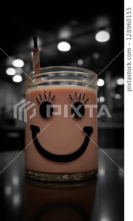 Happy Face Drink in a Jar with Colorful Straw. Happy Face Drink in a Jar with Colorful Straw. 128960155