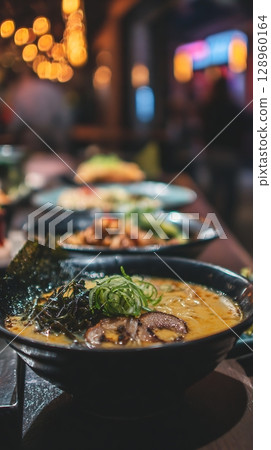 Delicious Bowl of Ramen Soup with Pork and Seaweed. 128960164