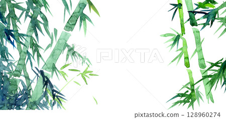 Watercolor hand-drawn material. Beautiful bamboo illustration material with white space 128960274