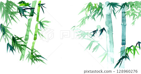 Watercolor hand-drawn material. Beautiful bamboo illustration material with white space 128960276