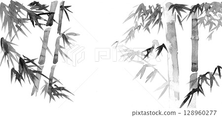 Watercolor hand-drawn material. Beautiful bamboo illustration material with white space 128960277