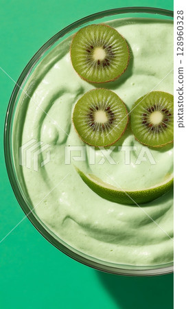 Happy Smoothie Face with Kiwi and Lime on Green Background. 128960328