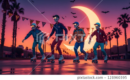 Four Colorful Characters Roller Skating Under a Moonlit Sky with Palms and Bats 128960395