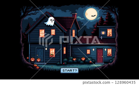 Spooky Haunted House with Ghost, Pumpkins, and Full Moon for Halloween Theme 128960435