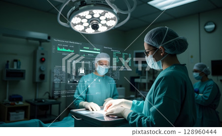 Surgeon and Nurse Collaborate in Modern Operating Room with Advanced Digital Technology 128960444