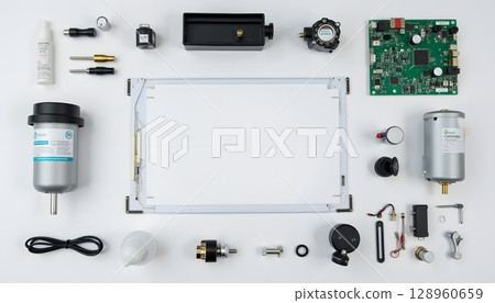 Various Electronic Components and Devices Arranged on Table Top for Assembly and Repair Work Various Electronic Components and Devices Arranged on Table Top for Assembly and Repair Work 128960659