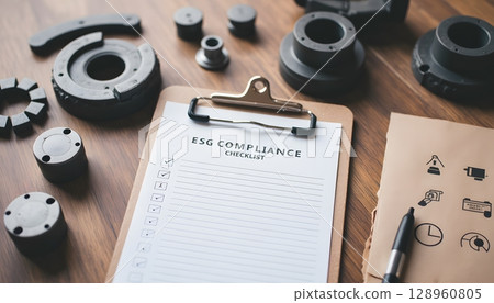ESG Compliance Checklist with Industrial Components on a Wooden Table Background 128960805