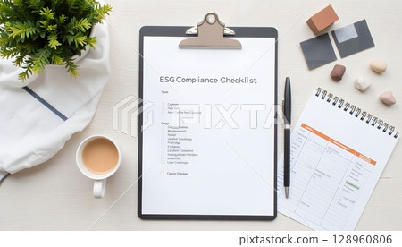 ESG Compliance Checklist on Clipboard with Coffee and Various Office Supplies for Sustainability 128960806