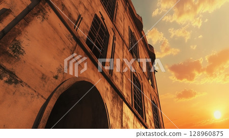 Shadow building architecture structure sunset exterior yellow scene Shadow building architecture structure sunset exterior yellow scene 128960875