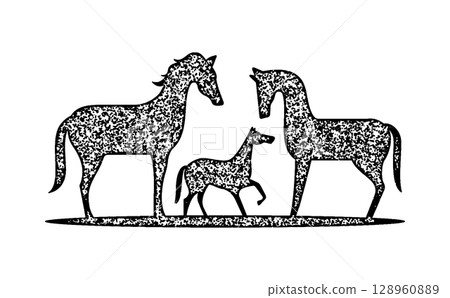 A stamp-style design of a mother and baby horse, perfect for New Year's cards A stamp-style design of a mother and baby horse, perfect for New Year's cards 128960889
